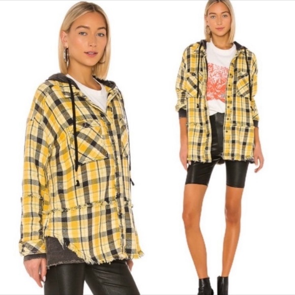 Free People Jackets & Blazers - Free People Yellow Plaid Hooded Jacket